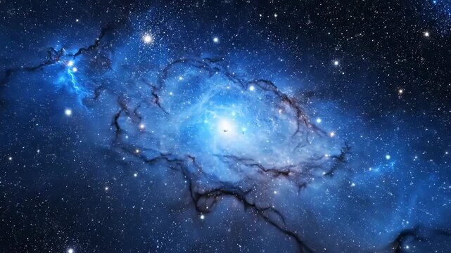 An amazing astronomical image of a bright blue nebula with stars and stardust in the vastness of space with shades of blue