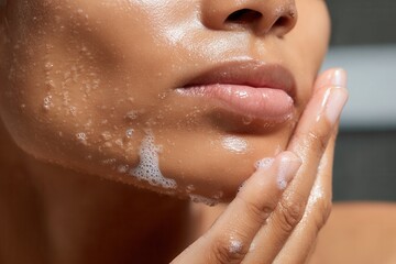 Close-up of a woman washing her face with foaming cleanser for glowing skin