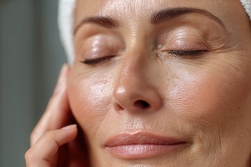 Woman with closed eyes touching her face during a relaxing self-care moment