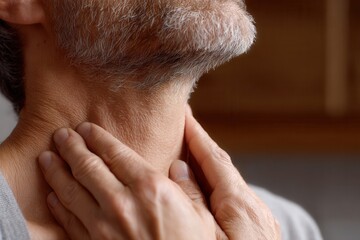 Senior man feeling a painful sore throat, touching his neck