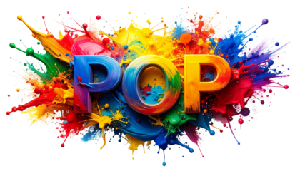 Colorful text "POP" explodes with paint. Vibrant hues & dramatic impact