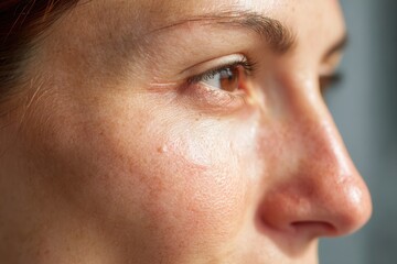 Woman showing features of real skin structure, a skin condition on her cheek