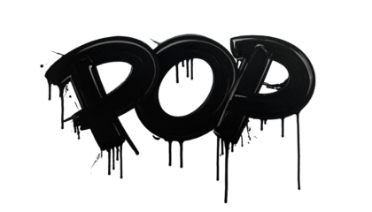 Glossy, black word "POP" in graffiti style with drips on a black backdrop
