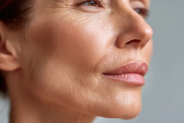 Mature woman's profile showing wrinkles and glowing skin after beauty skin care treatment