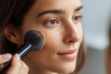 Woman applying face powder with a brush for makeup and beauty care