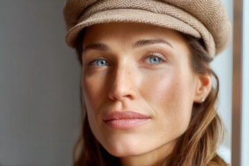 Woman with glowing skin and blue eyes presenting natural beauty