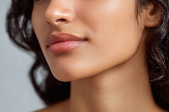 Woman's lower face and neck showing perfect skin, lips, and graceful jawline