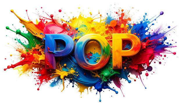 Colorful text "POP" explodes with paint. Vibrant hues & dramatic impact