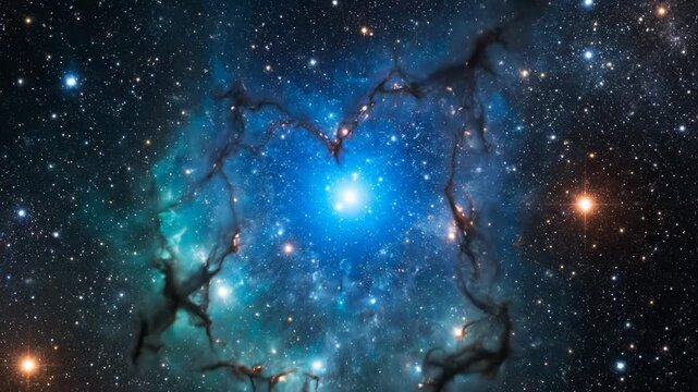 A mesmerizing view of a bright blue nebula with dark tendrils and stars shining brightly in the vastness of space