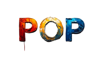 Text "POP" with painted texture, vibrant colors, and dark background