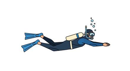 Cartoon Diver Swimming Underwater with Scuba Gear and Bubbles. © Berkah