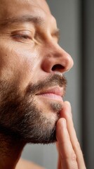 Man applying product to his face and short beard, eyes closed in relaxation
