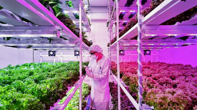 Scientist inspects leafy greens in a vertical hydroponic farm under LED grow lights. Modern agriculture innovation ensures clean, sustainable food production in urban environments using smart tech.