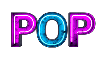 Neon sign reads "POP" in bright pink and blue against black