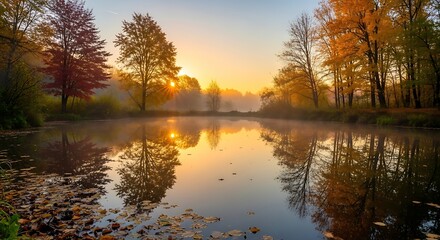 Serene golden sunrise illuminates a misty forest pond reflecting vibrant autumn foliage