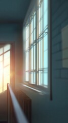 Sunlight beams entering a room through a window with shadows on the wall