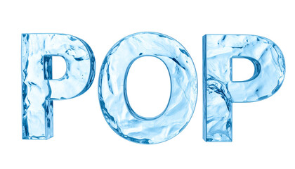 POP" word rendered in icy, translucent, blue block letters on black