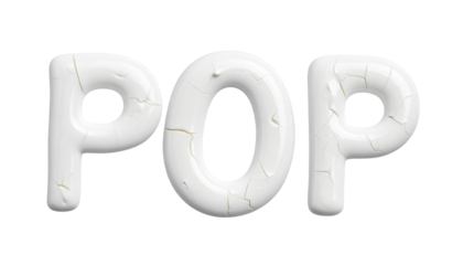 Three white letters spelling "POP" with crack texture on a black background