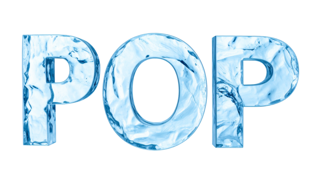 POP" word rendered in icy, translucent, blue block letters on black - Powered by Adobe
