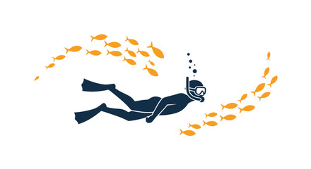 Stylized Diver Swimming with Schools of Yellow Fish Underwater. © Berkah