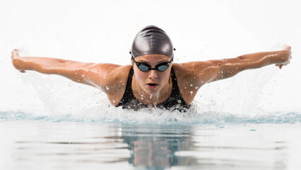Swimmer performs butterfly stroke in indoor pool during competitive event in afternoon