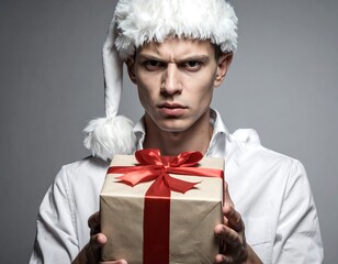 Man with pointed ears wearing Santa hat, holding a wrapped gift, with stern expression