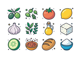 Mediterranean Ingredient Icons. Mediterranean Ingredients. Colorful isometric vector icons set of Mediterranean Ingredients: olives, capers, tomatoes, lemons,