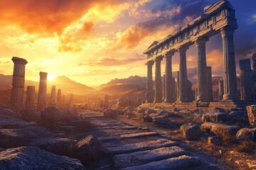 Fototapeta premium Ancient ruins basking in sunset glow near majestic mountains