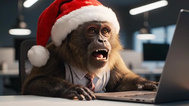 Curious monkey wearing santa hat interacting with laptop in modern office setting