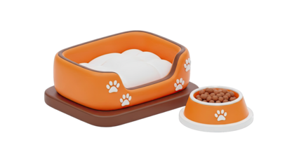 Orange Pet Bed and Food Bowl with Paw Prints