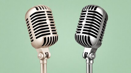 Fototapeta premium A pair of shiny retro style microphones one gold and one silver standing side by side Analog Content Airwave