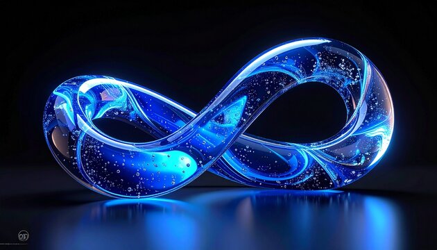 Glowing blue infinity symbol made of glass with liquid flow on a dark background