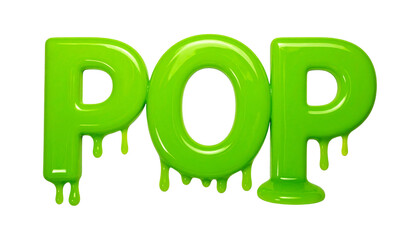 Green, glossy "POP" text with dripping paint effect on a black background