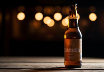 Single bottle of beer on wooden surface