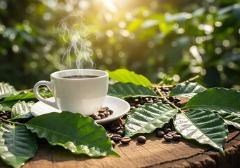 Morning coffee in a lush coffee plantation