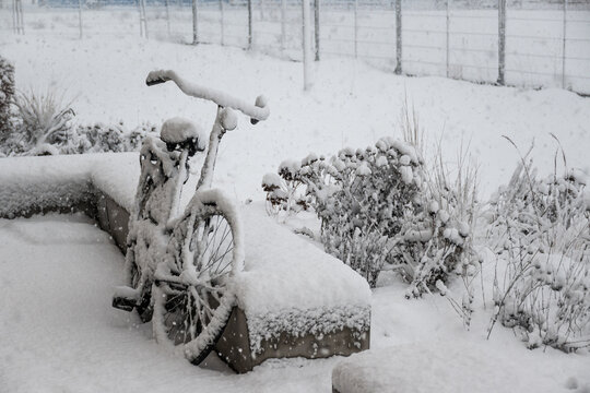 Dutch winter scene parked bicycle while snowing as storm system brings unusually heavy snowfall in the Netherlands. Code Orange weather warning in effect. Bike covered by layer of white snow