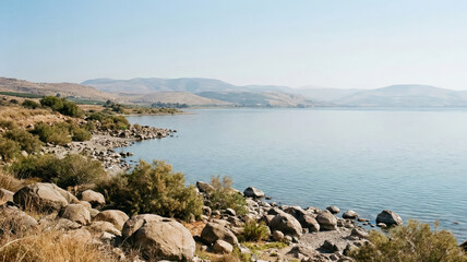 Rocky lakeshore landscape under clear sky