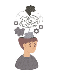Mental Health. Sad Boy with Confused Thoughts, Puzzle Pieces and Gears. Vector Flat Illustration. Stress, confusion, anxiety and psychological challenges. Not AI