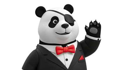 Panda in a tuxedo with a bow tie and eye patch waving