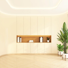 A minimalist empty room interior decorated in cream tones, accented with wooden shelves and warm lighting. 3d rendering