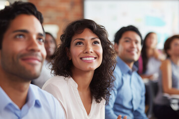 Close up of a Group of hispanic people attend corporate event. Hispanic business Audience watches projection screen with sustainability presentation . Professionals learn in classroom setting.