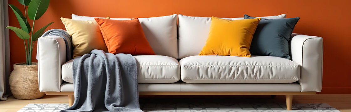 shot plush modern sofa draped vibrant throw pillows wrapped soft gray blanket set warmth orange