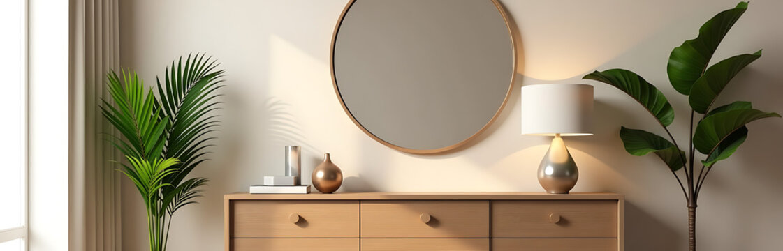 shot minimalist living room neutral beige wall illuminated soft overhead lighting features sleek wooden commode