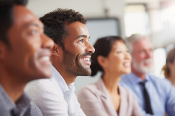 Close up of a Group of hispanic people attend corporate event. Hispanic business Audience watches projection screen with sustainability presentation . Professionals learn in classroom setting.