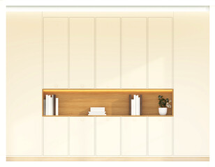 A front view of a minimalist empty room interior decorated in cream tones, accented with wooden shelves and warm lighting. 3d rendering