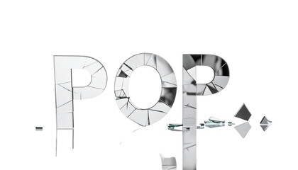 Shattered, reflective text "POP" against a black background