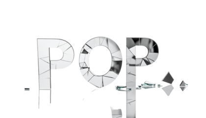 Shattered, reflective text "POP" against a black background