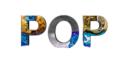 Artistic text, "POP", displays swirling paint in some letters, metallic others