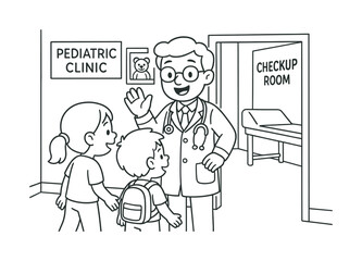 Friendly Doctor Visit. Visiting a pediatric clinic children?s coloring book illustration, outlined drawing, friendly doctor waving at two children entering a