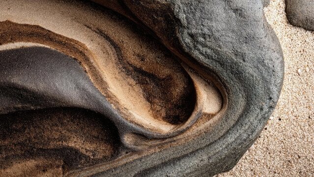 Close-up of a dark, weathered rock with a curved cavity filled with tan sand, forming a shell-like spiral pattern. Concept Close-Up Rock Texture, Weathered Stone Details, Shell-Like Sand Spiral